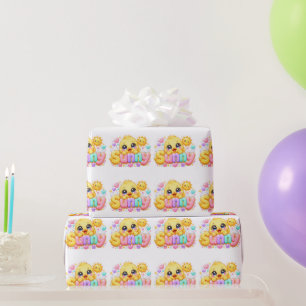 Papier Cadeau Mignon Kawaii Sunny Chick Nom Pastel Rose Pailleté