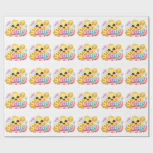 Papier Cadeau Mignon Kawaii Sunny Chick Nom Pastel Rose Pailleté