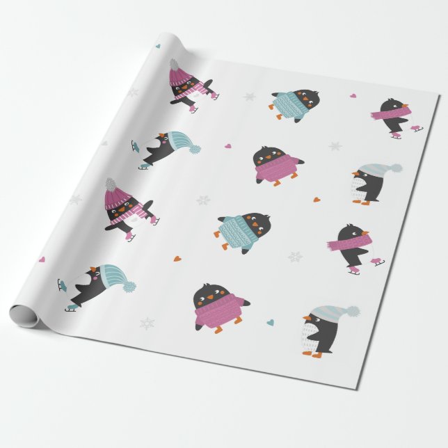Papier Cadeau mignon manchots de dessin animé avec le coeur et f (Déroulé)