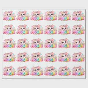 Papier Cadeau Mignon Mochi Chat Nom Pastel Rose Étincelant K