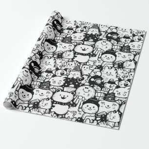 Papier Cadeau Mignon motif doodle d'animaux kawaii (2)