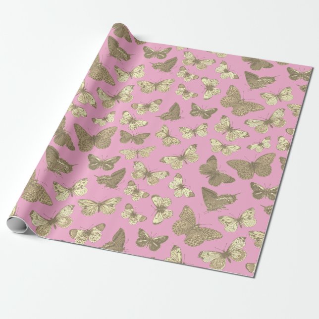 Papier Cadeau Mignon motif papillon beige doré rose (Déroulé)
