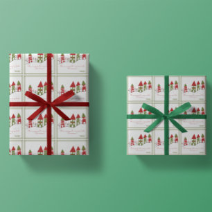 Papier Cadeau Mignon village vert et rouge dans la neige à Noël