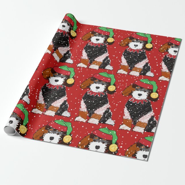 Papier Cadeau Mignonne Bernedoodle Mountain Dog Rouge (Déroulé)