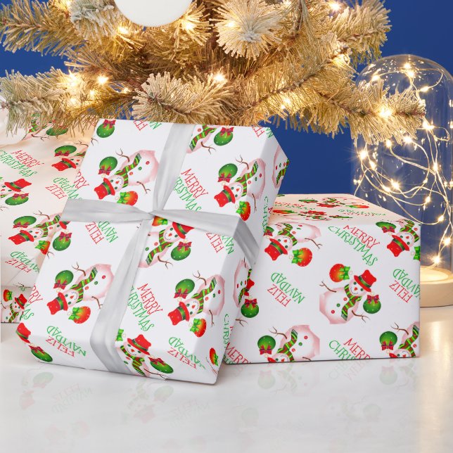 Papier Cadeau Mignonne bonhomme de neige sur Festive BLANC ou vo (Vacances)