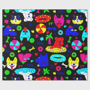 Papier Cadeau mignonne chiot chien piscine fête été drôle noir