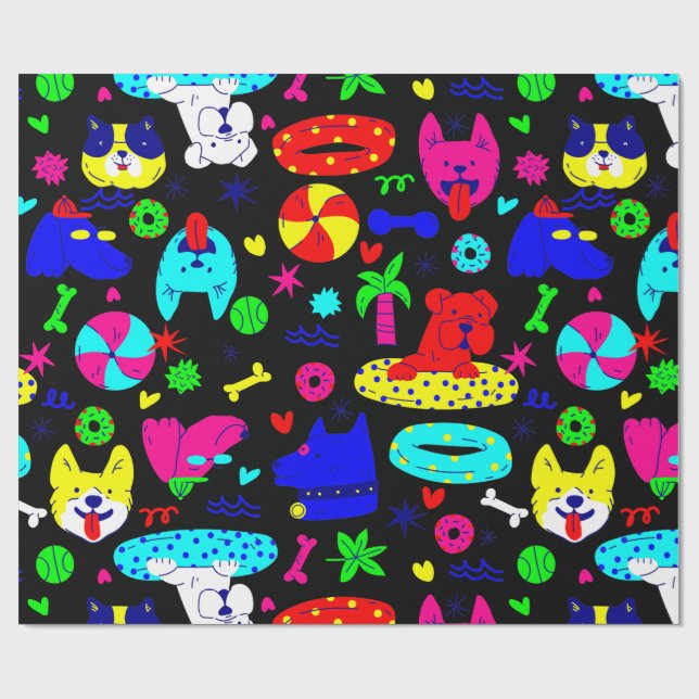 Papier Cadeau mignonne chiot chien piscine fête été drôle noir (Plat)