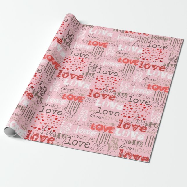 Papier Cadeau Mignonne Cool moderne Amour Mots Coeurs Rose (Déroulé)