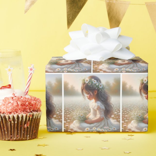 Papier Cadeau Mignonne fille en dentelle robe avec marguerites (Fête d'anniversaire)