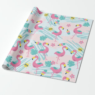 Papier Cadeau Mignonne Flamant rose Mint Vert Motif Tropical