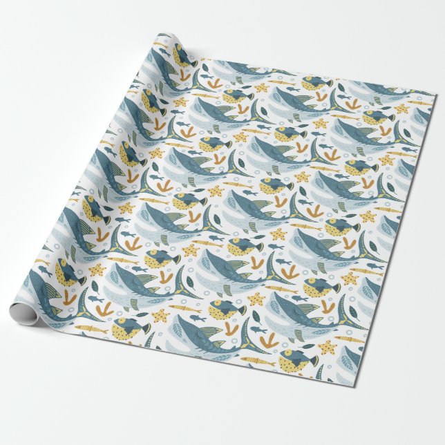 Papier Cadeau Mignonne Océan Sous La Mer Requin Animaux Motif (Déroulé)