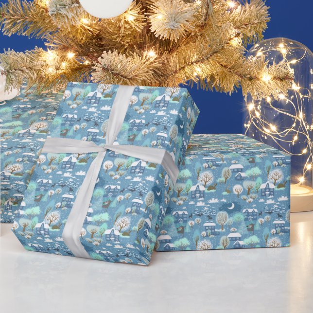 Papier Cadeau Mignonne Turquoise Blue Green Winter Season Paysag (Vacances)