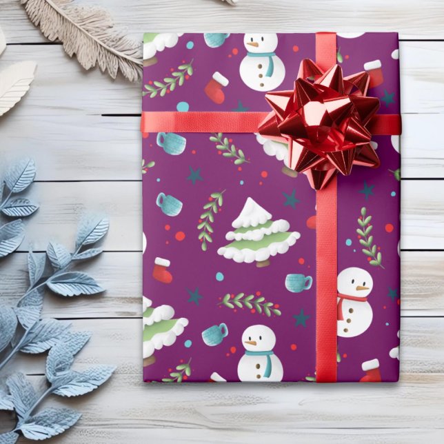 Papier Cadeau Mignonne violet Motif de neige de Noël (Créateur téléchargé)