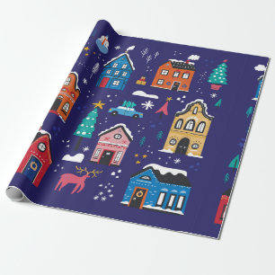 Papier Cadeau Mignonnes maisons de Noël plats illustrations vint