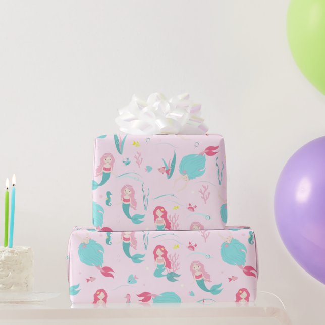 Papier Cadeau Mignonnes sirènes rose et turquoise Motif (Cadeaux de fête)