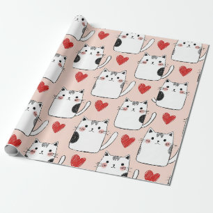 Papier Cadeau Mignons chats kawaii roses et motif de cœurs (5)