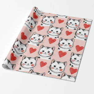Papier Cadeau Mignons Chats Kawaii Roses & Motifs de Cœurs (8)