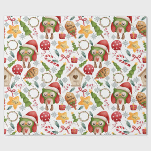 Papier Cadeau Mignons hiboux de Noël à l'aquarelle