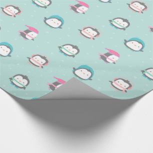 Papier Cadeau Mignons Manchots de Patinage Motif de Noël