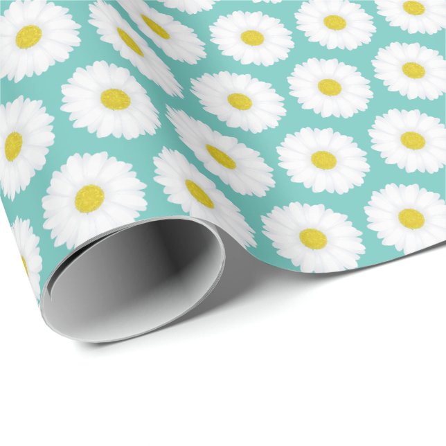 Papier Cadeau Mignons Motif de marguerites d'été sur bleu (Coin rond)