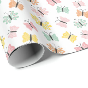 Papier Cadeau Mignons papillons aux couleurs pastel sur blanc