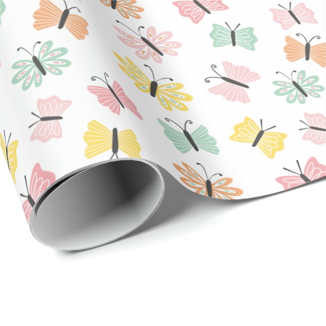 Papier Cadeau Mignons papillons aux couleurs pastel sur blanc (Coin rond)