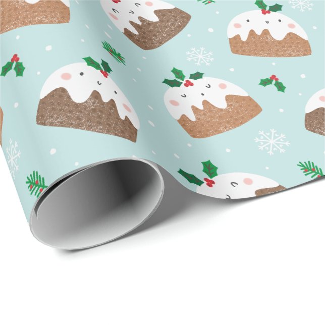 Papier Cadeau Mignons petits poudings de noël sur bleu clair (Coin rond)