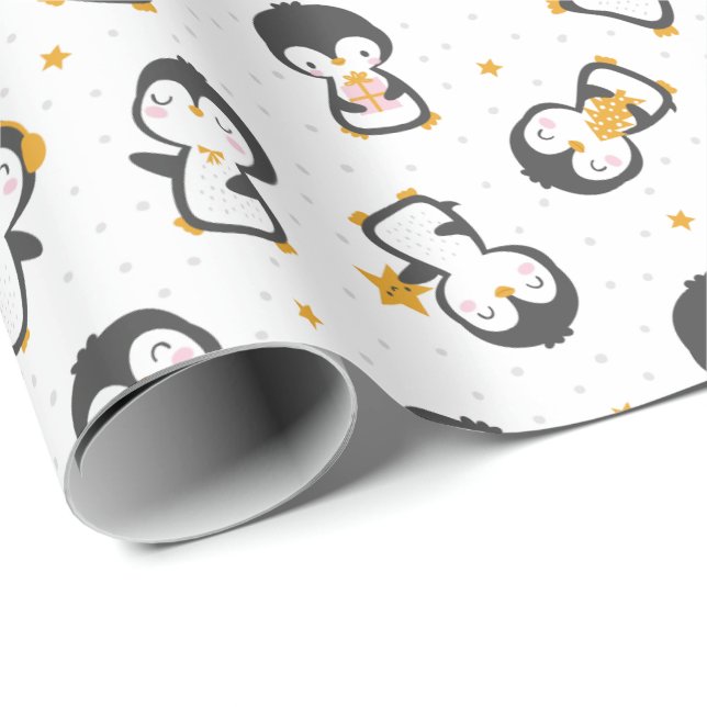 Papier Cadeau Mignons pingouins de Noël en blanc (Coin rond)
