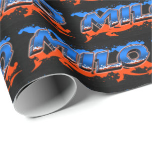 Papier Cadeau Milo Prénom Graffiti blue orange