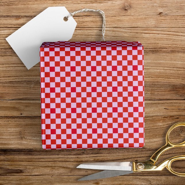 Papier Cadeau Mini moderne amusant À damiers rouge + rose (Créateur téléchargé)