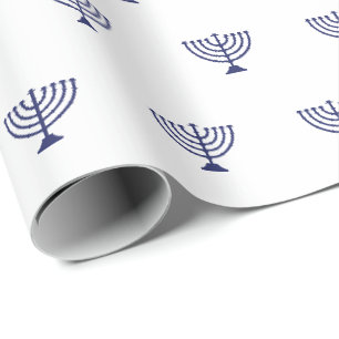 Papier Cadeau minimaliste blanc marine bleu juif menorah motif