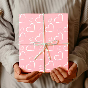 Papier Cadeau Minimaliste Rose Blush   Cœurs Ouverts Blanc Chic
