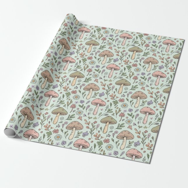 Papier Cadeau Mint Green Botanical Fungi Seamless Pattern (Déroulé)