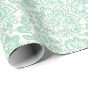 Papier Cadeau Mint Vert Baroque Floral Damas Sur Blanc