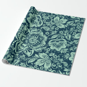 Papier Cadeau Mint Vert Baroque Floral Damas Sur Bleu