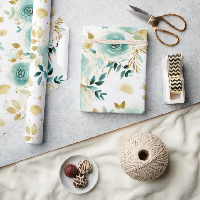 Papier Cadeau Mint Vert Blanc or Rose Floral (Artisanat)
