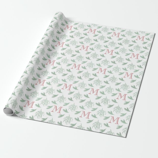 Papier Cadeau Mistletoe et pin avec Monogramme rouge de Noël (Déroulé)