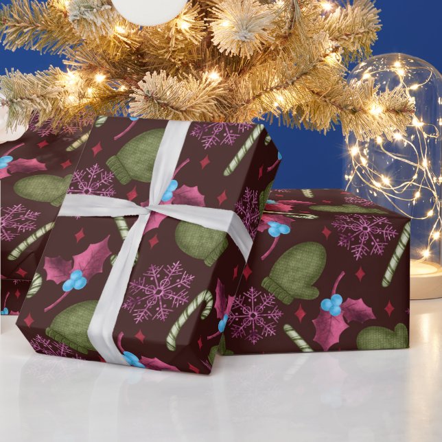 Papier Cadeau Mittens de Noël, Snowflakes, Bâtons à menthe poivr (Vacances)