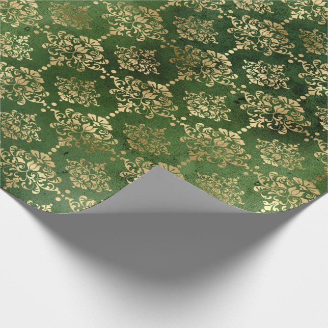 Papier Cadeau Modèle de Damas vert/or de Noël (Coin)