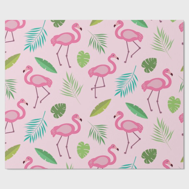 Papier Cadeau Modèle flamand rose avec feuilles tropicaux (Plat)