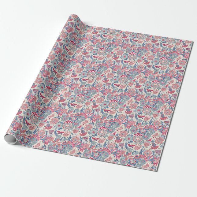 Papier Cadeau Modèle floral avec oiseau et papillon (Déroulé)