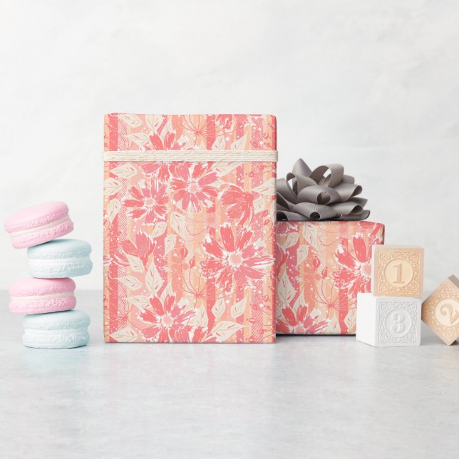 Papier Cadeau Modèle floral dans les teintes pêche à la mode (Baby Shower)