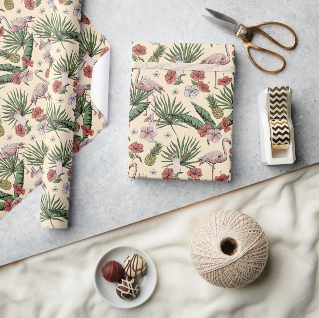 Papier Cadeau Modèle floral de Flamant rose jaune tropical (Artisanat)