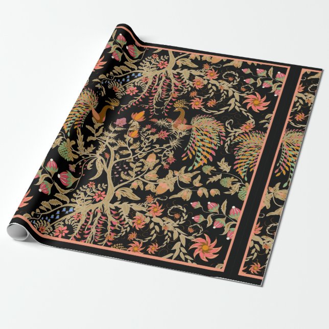 Papier Cadeau Modèle floral fée chinoise avec de beaux oiseaux  (Déroulé)