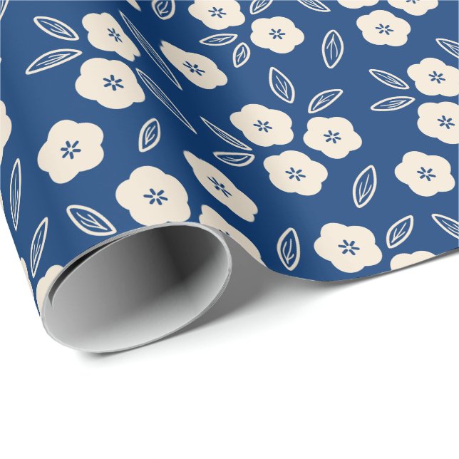 Papier Cadeau Modèle floral japonais bleu foncé et champagne (Coin rond)