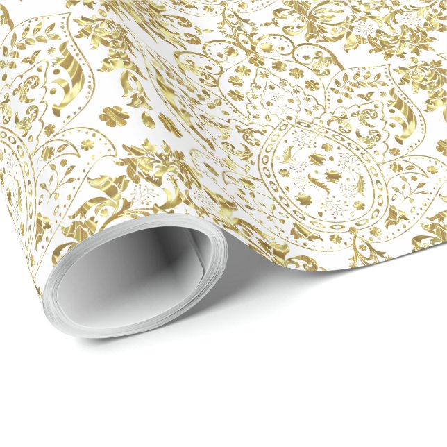 Papier Cadeau Modèle Floral Or Et Blanc (Coin rond)