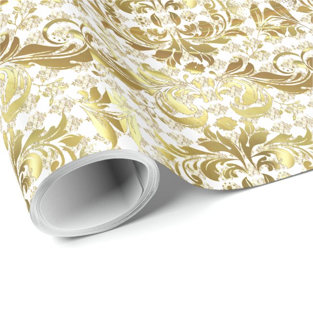 Papier Cadeau Modèle Floral Or Et Blanc (Coin rond)