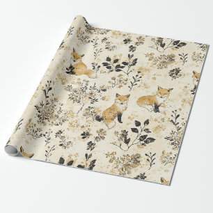 Papier Cadeau Modèle floral renard des bois en or noir