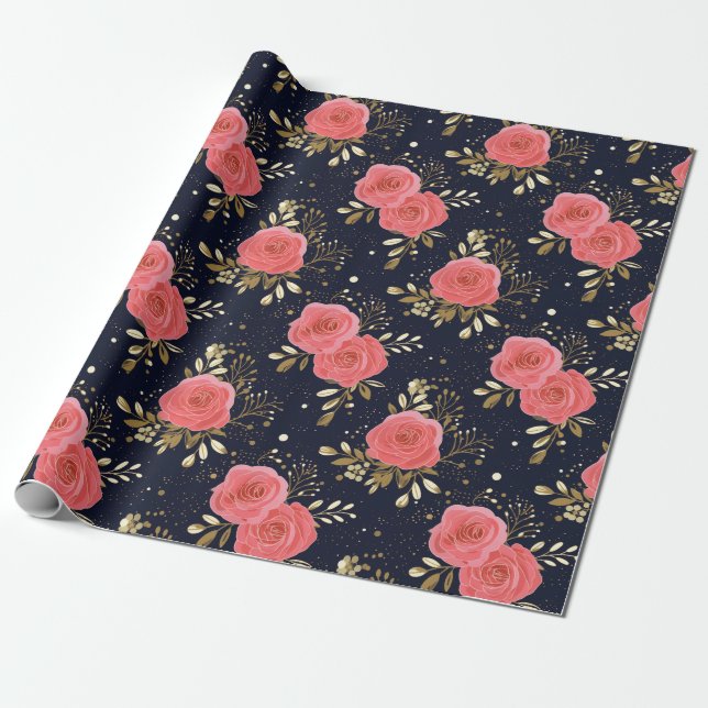 Papier Cadeau Modèle floral Rose, or, marine et rose (Déroulé)