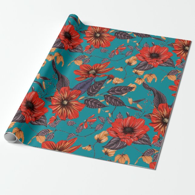 Papier Cadeau Modèle floral rouge et Turquoise (Déroulé)
